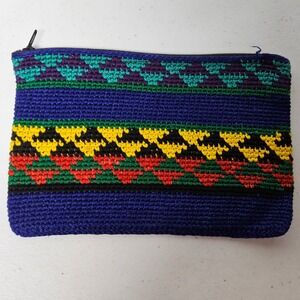 Woven Pouch Women OS Blue Geometric Crochet Boho Makeup Bag‎